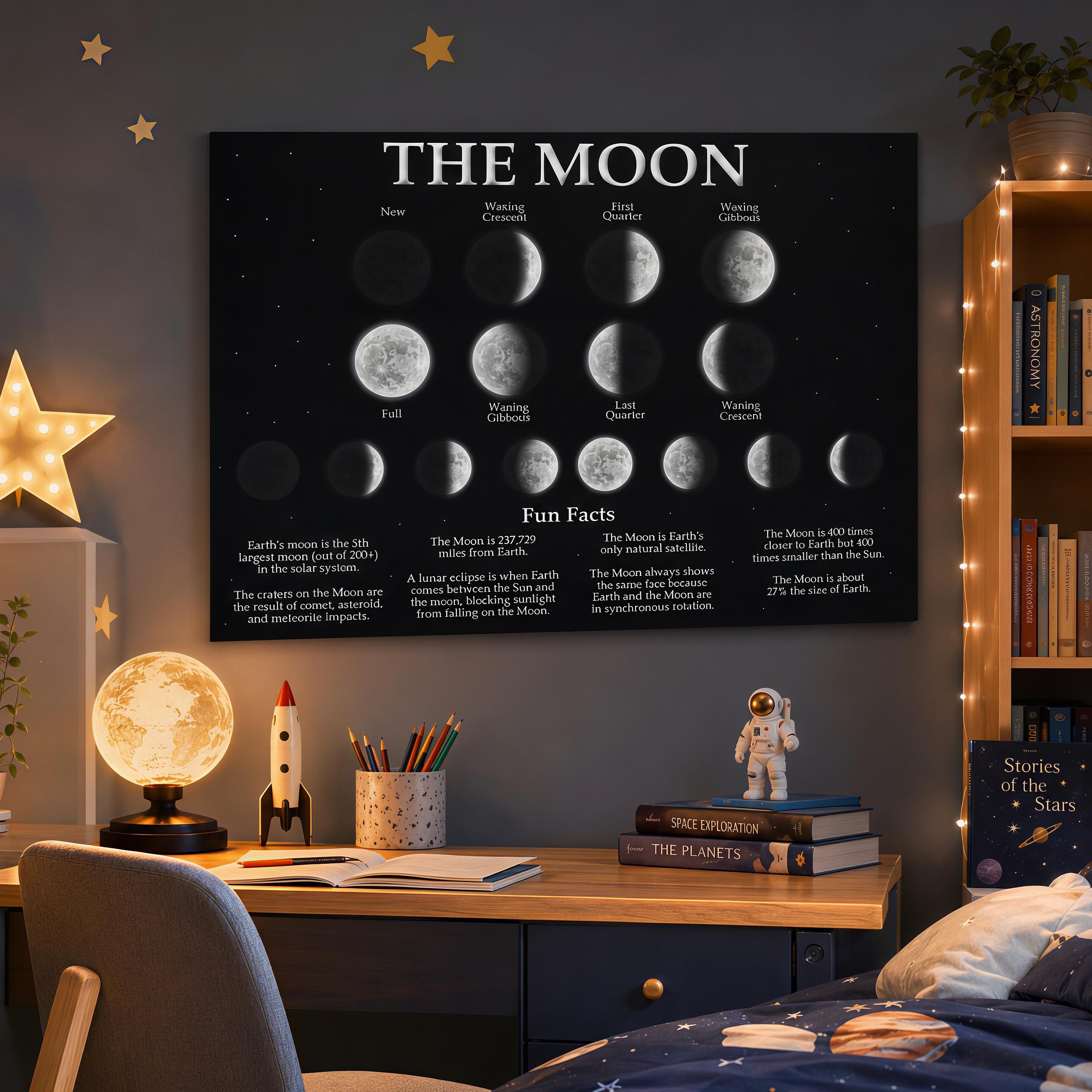 Solar System and Moon Phases canvas wall art, additional product view 4 with contemporary styling for bedroom decor